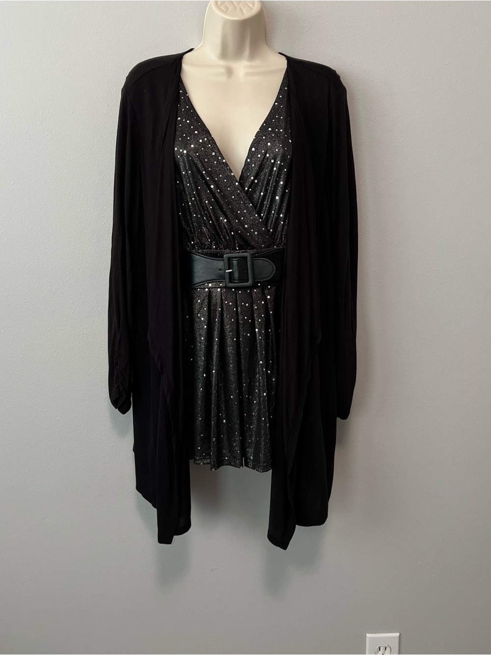 Style & Co. Black Shimmery Faux Wrap Top W/Attached Cardigan Size XL